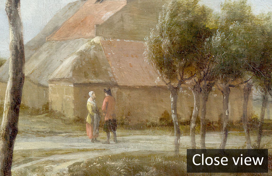 Close view of vintage countryside landscape mural with earthy tones and soft skies wall design.