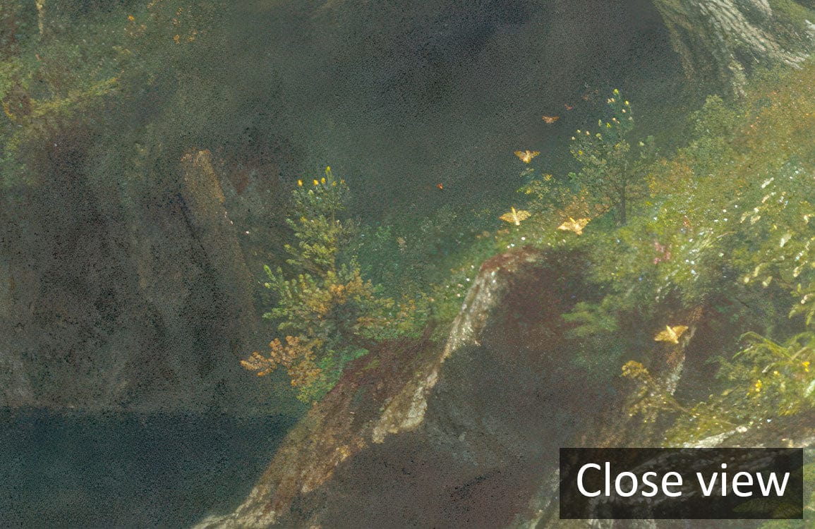Close-up of Scenic Mountain Valley Landscape Mural Wallpaper highlights vibrant flora; dramatic atmosphere captured.