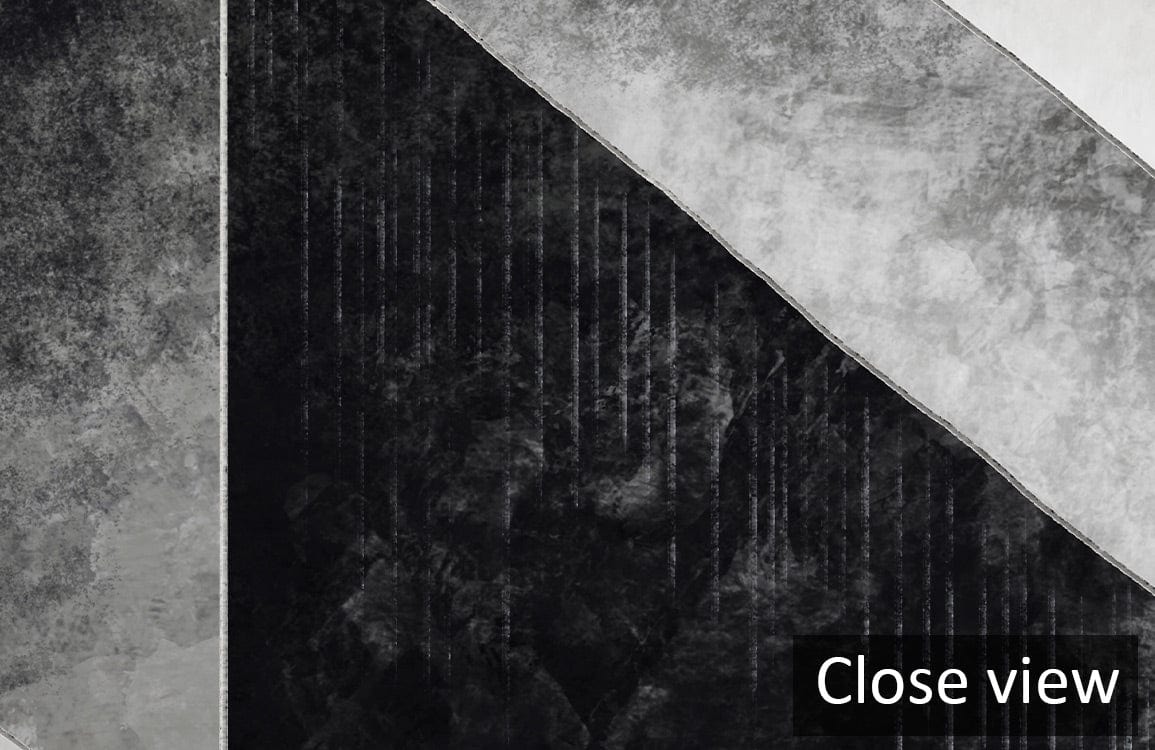 Monochrome geometric abstract Art Deco wallpaper mural in black and white, close view of design.