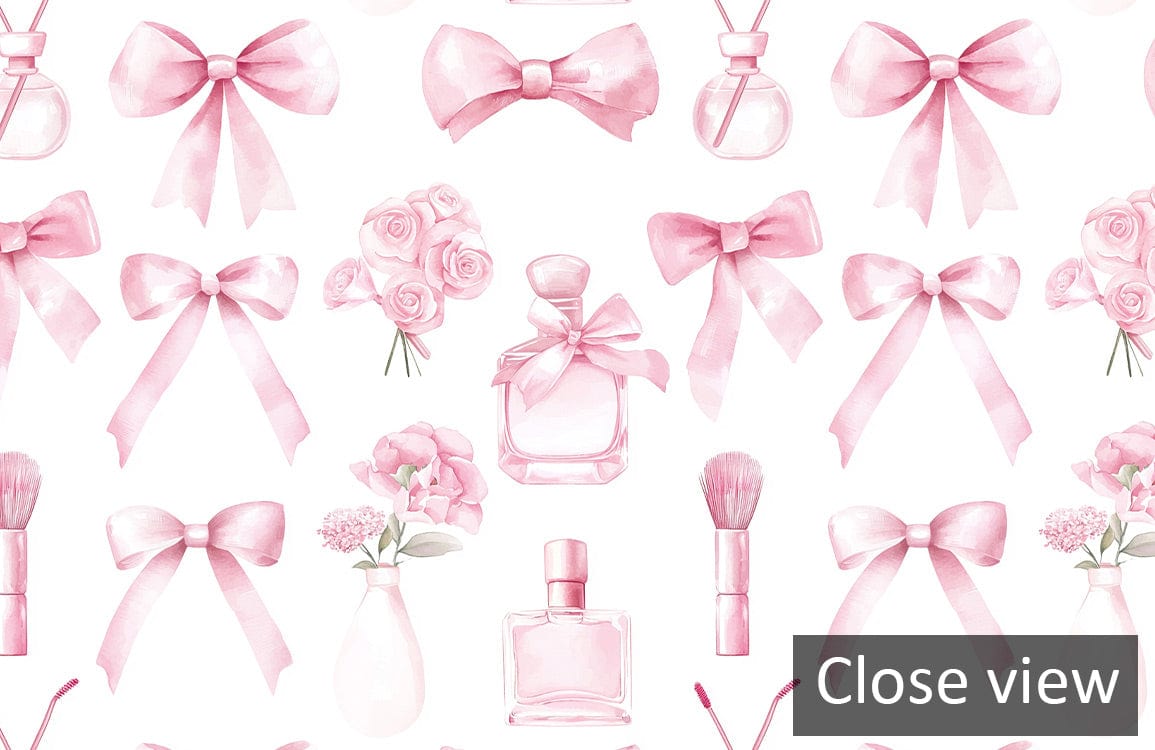 Elegant pink floral patterned mural wallpaper with bows, vases, and perfume bottles, designed in soft pastel.