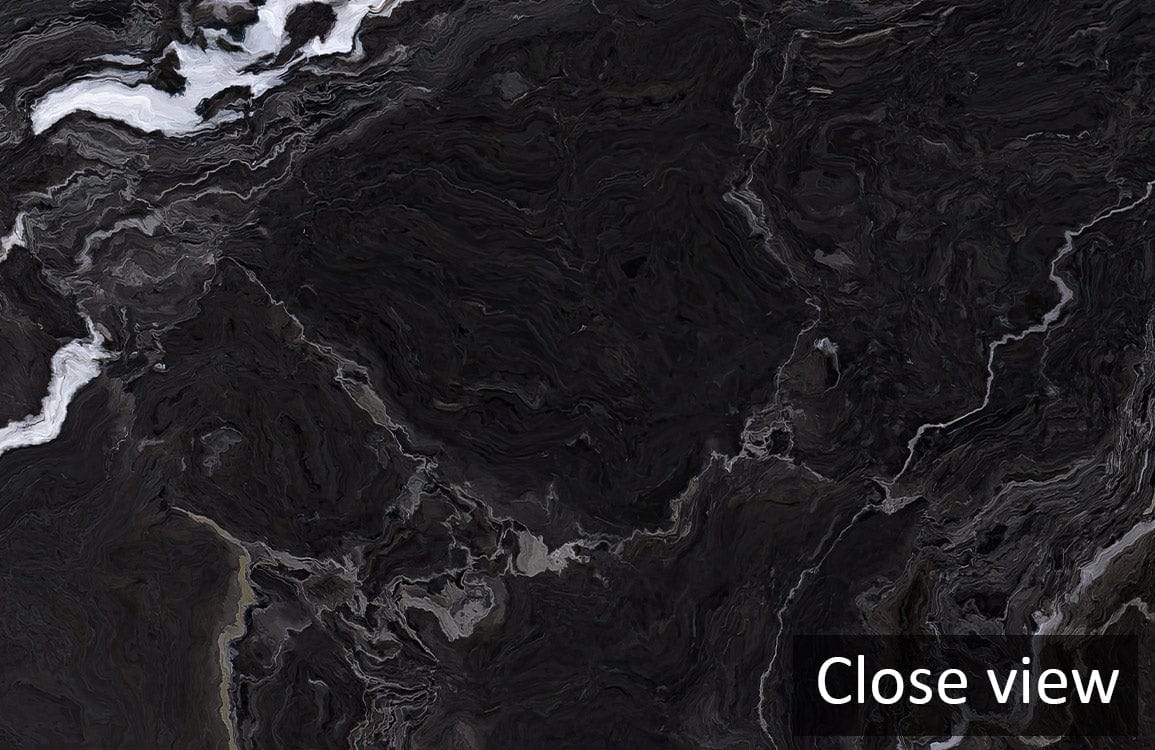 Elegant Black Marble Effect Wallpaper featuring dramatic white vein patterns, close view detail shown.