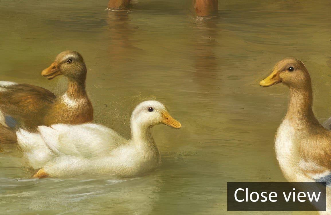 Charming countryside calves, ducks mural wallpaper, features rustic pastoral design elements, water details.