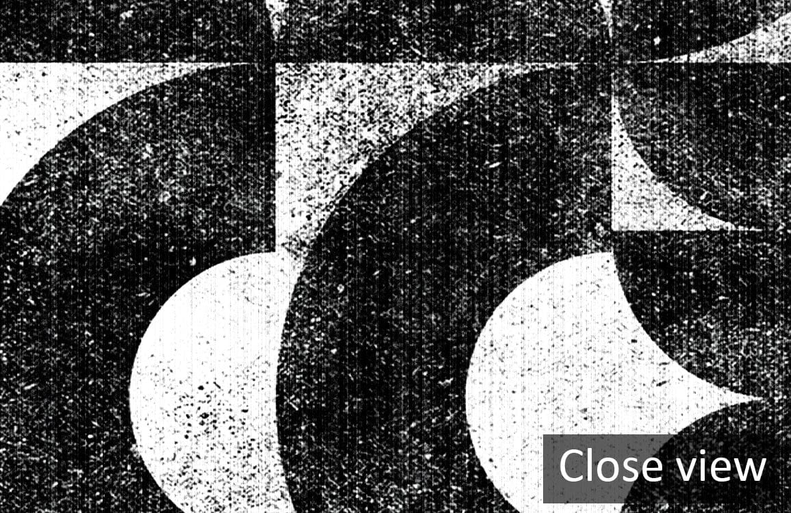 Close-up of retro geometric black and white abstract pattern wallpaper for modern interiors detailing.