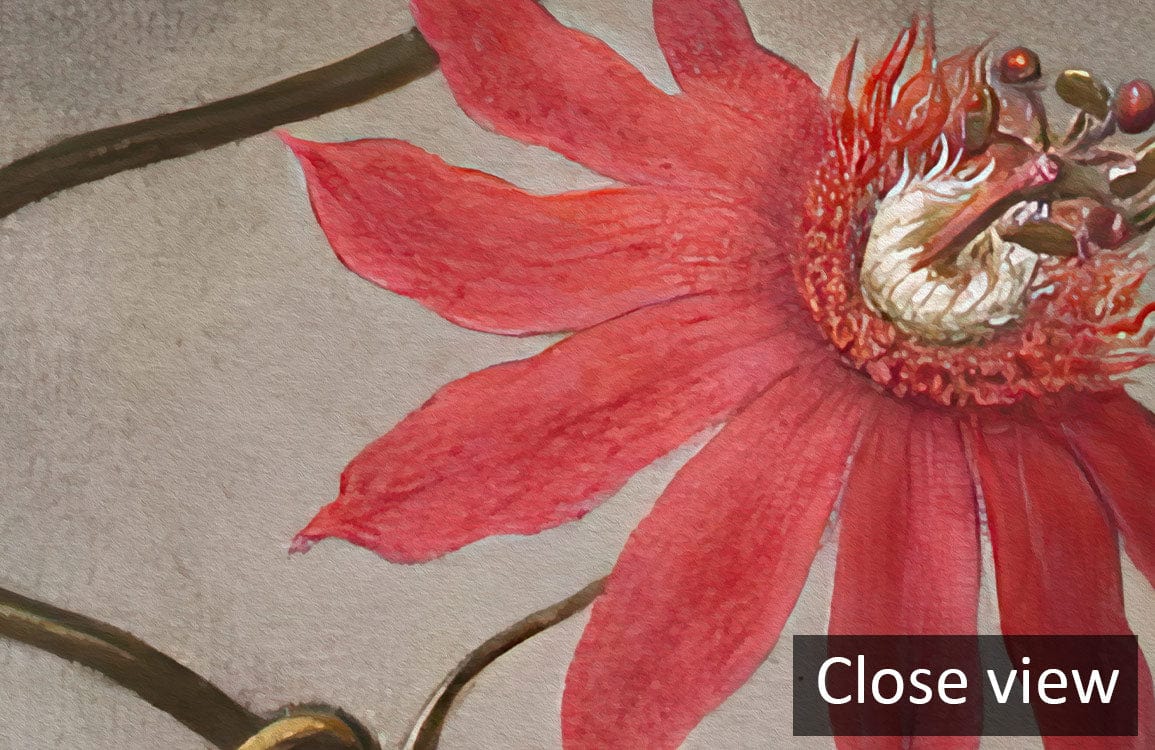 Close view of Vintage Botanical Mural Wallpaper featuring red flowers and hummingbirds design. Artistic detail showcased.