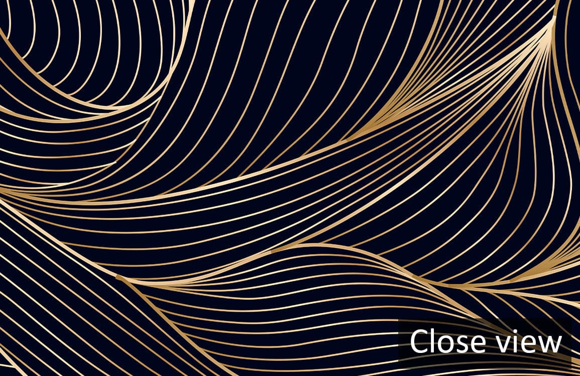 Elegant black and gold abstract wave wallpaper, luxurious pattern detail, close view, stylish design.