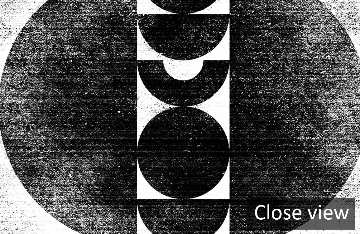 Monochrome geometric abstract wallpaper, black and white modern art design, close view, textured patterns visible.