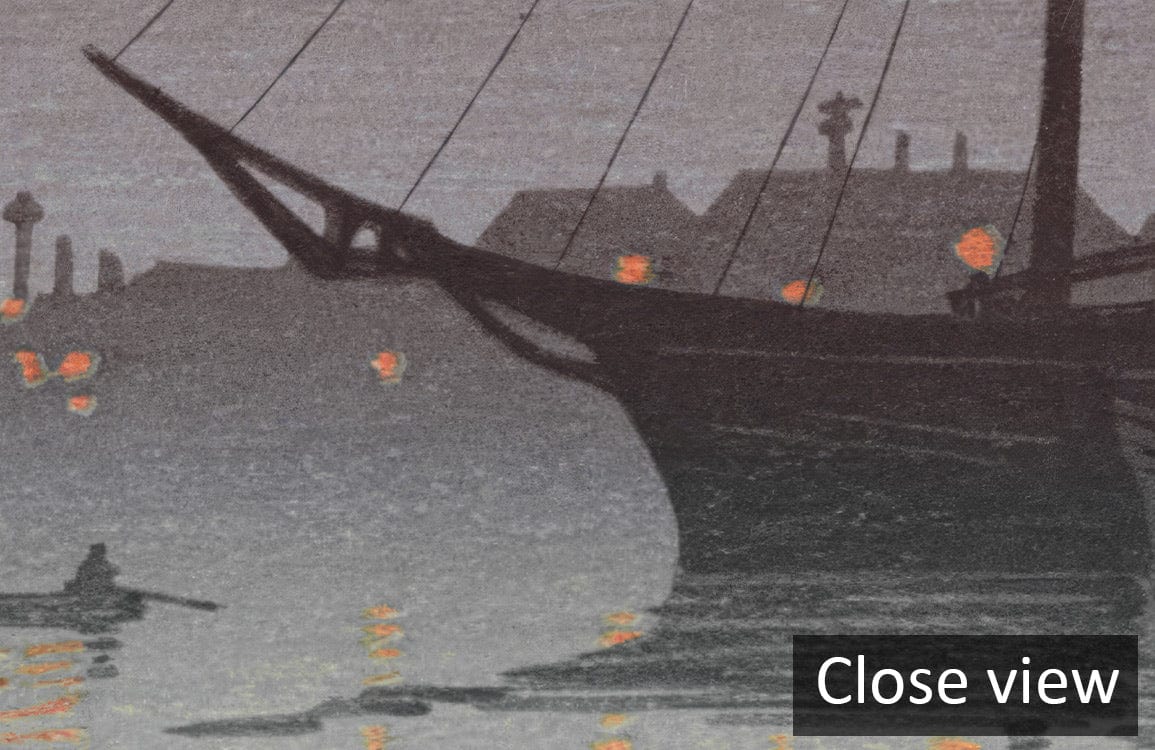Tranquil Seaside Vintage Mural Wallpaper detail with ship, atmospheric scene, dimensions available on request.