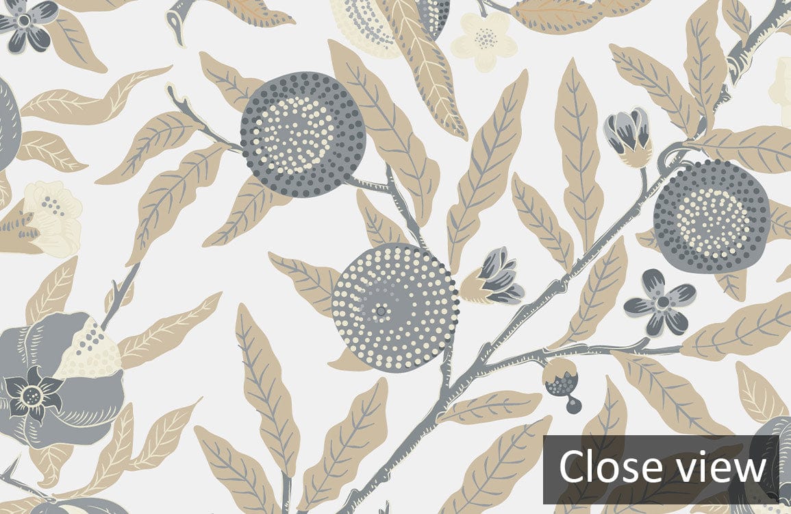 Elegant grey and beige floral wallpaper with botanical design; close view shows detailed floral patterns.
