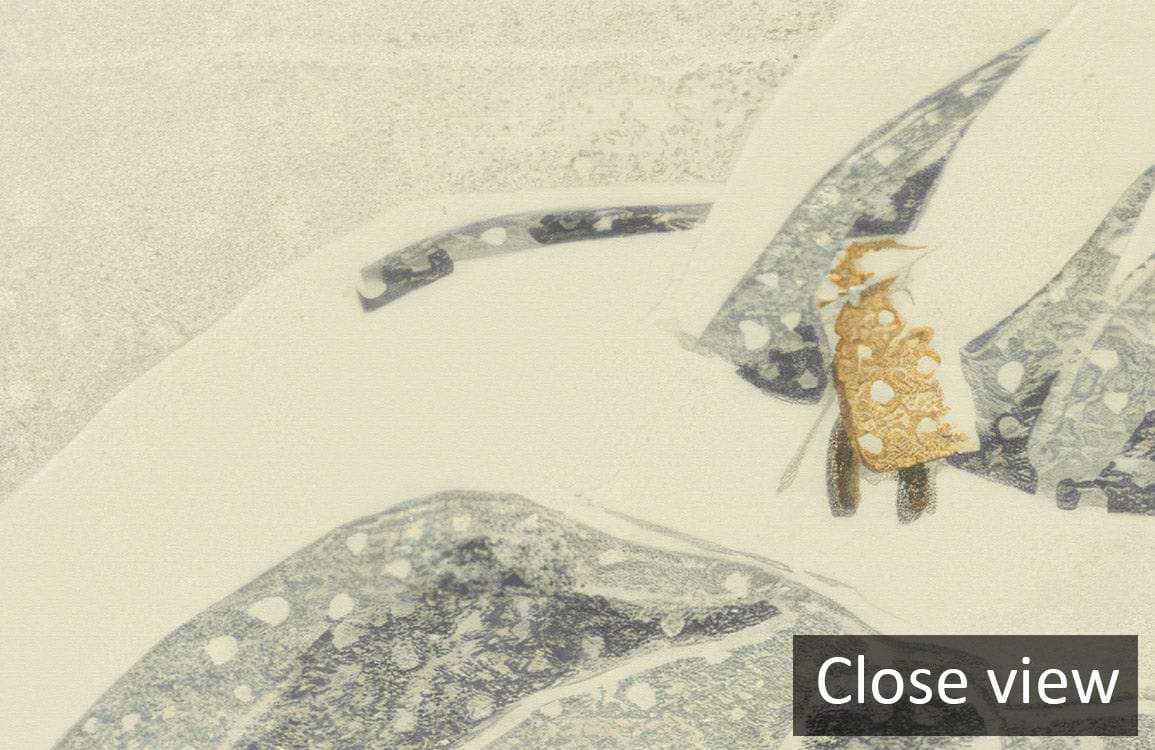 Close view of Serene Winter Coastline Japanese Mural Wallpaper in elegant grey and white design.