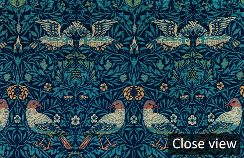 Elegant Sapphire Blue Art Nouveau Floral Pattern Wallpaper, detailed view, featuring intricate bird motifs.