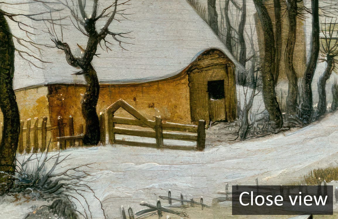 Close view of Vintage Winter Village Landscape mural wallpaper showcasing classic snowy scenery.