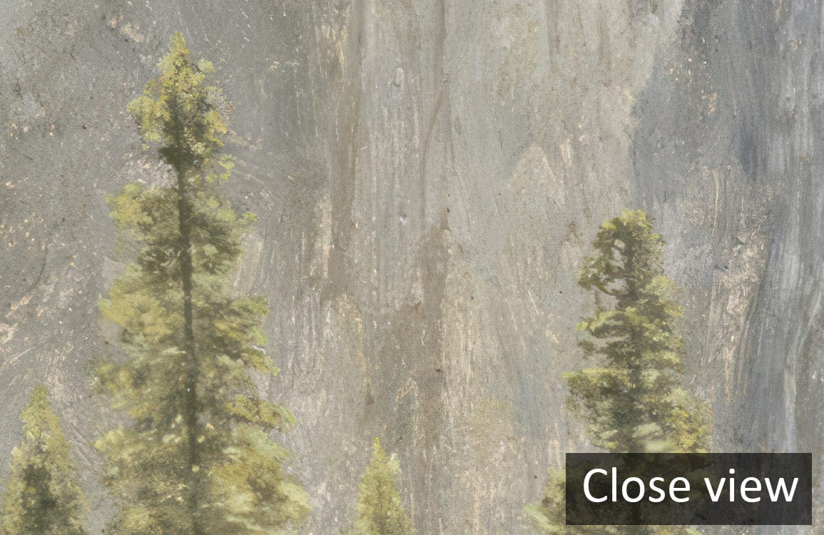 Majestic Mountain Landscape Mural Wallpaper, green earth tones, close-up view, textured wall design.