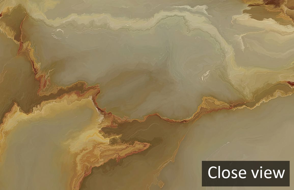 Golden marble effect luxury wallpaper close-up, elegant interior design aesthetic, warm tones.
