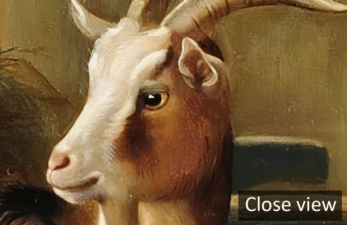 Close-up of goat from Rustic Farmyard Animals Mural Wallpaper, vintage countryside style.