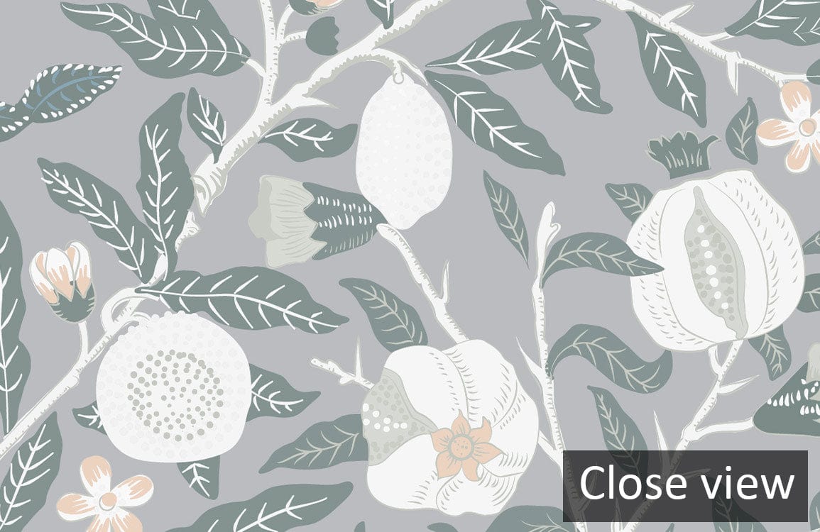 Close-up of Soft Grey Floral Elegance vintage botanical wallpaper, showcasing intricate floral patterns.