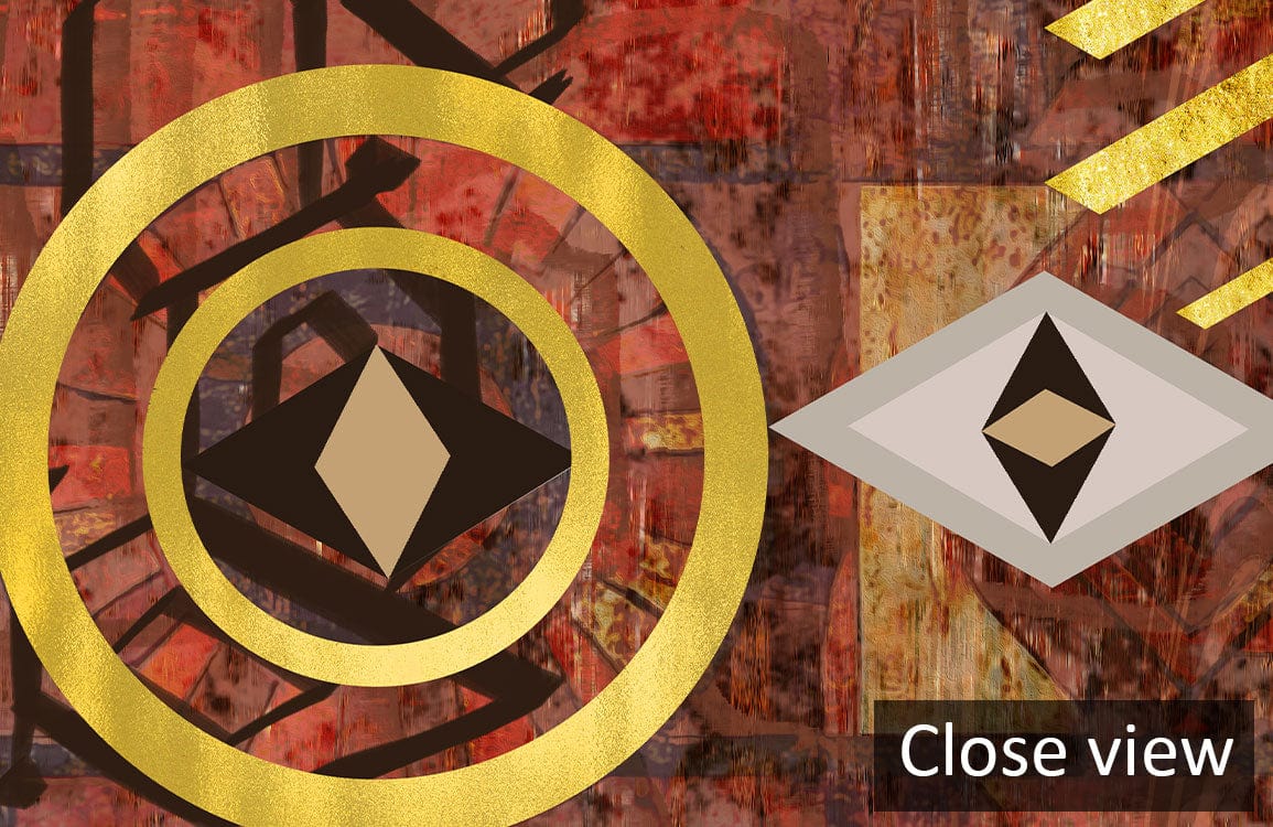 Close view of Rustic Geometric Tribal Mural Wallpaper, warm earthy tones, abstract design elements featured.