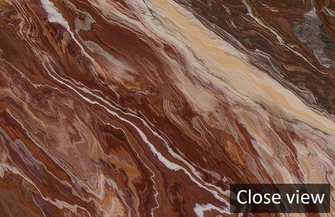 Close view of brown, neutral swirl Rustic Earth wallpaper with marble effect design, enhancing decor style.