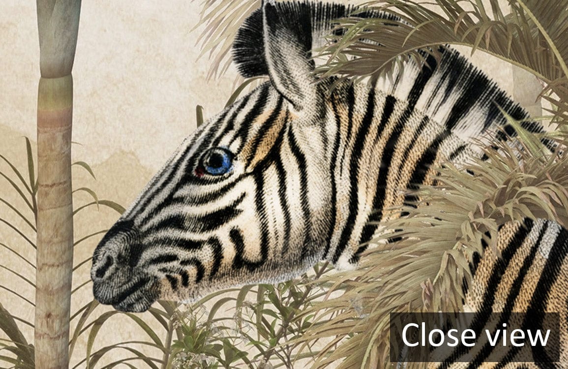 Close-up of Vintage Jungle Safari Mural Wallpaper featuring a zebra amidst exotic palm leaves.