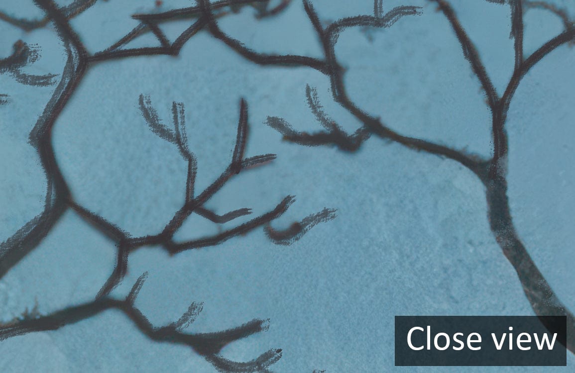 Close-up of Midnight Mist Blue Woodland Silhouette Wallpaper, featuring tranquil tree landscape design elements.