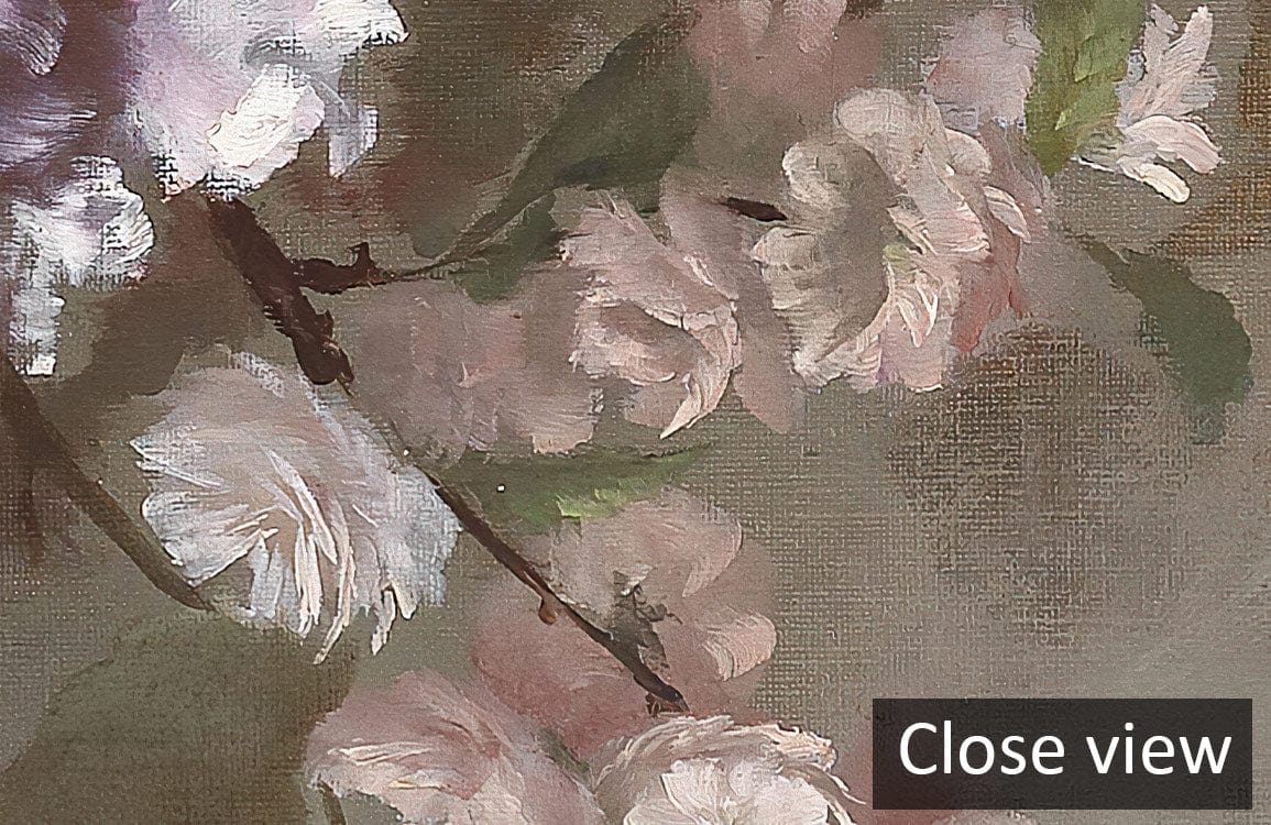 Vintage floral mural wallpaper featuring lilac and ivory blooms, close-up design view, textured finish.
