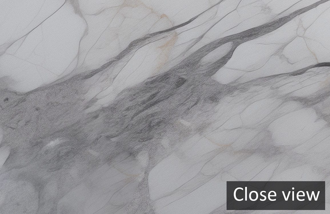 Close-up of elegant grey marble effect wallpaper, ideal for modern and sophisticated interior designs.