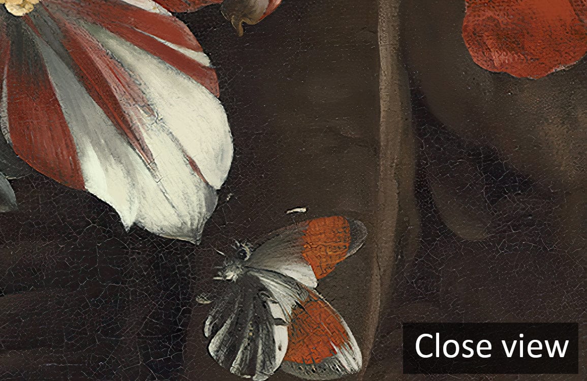 Close-up view of Elegant Dark Floral Dutch Masterpiece Mural Wallpaper showcasing vibrant blooms and butterfly.
