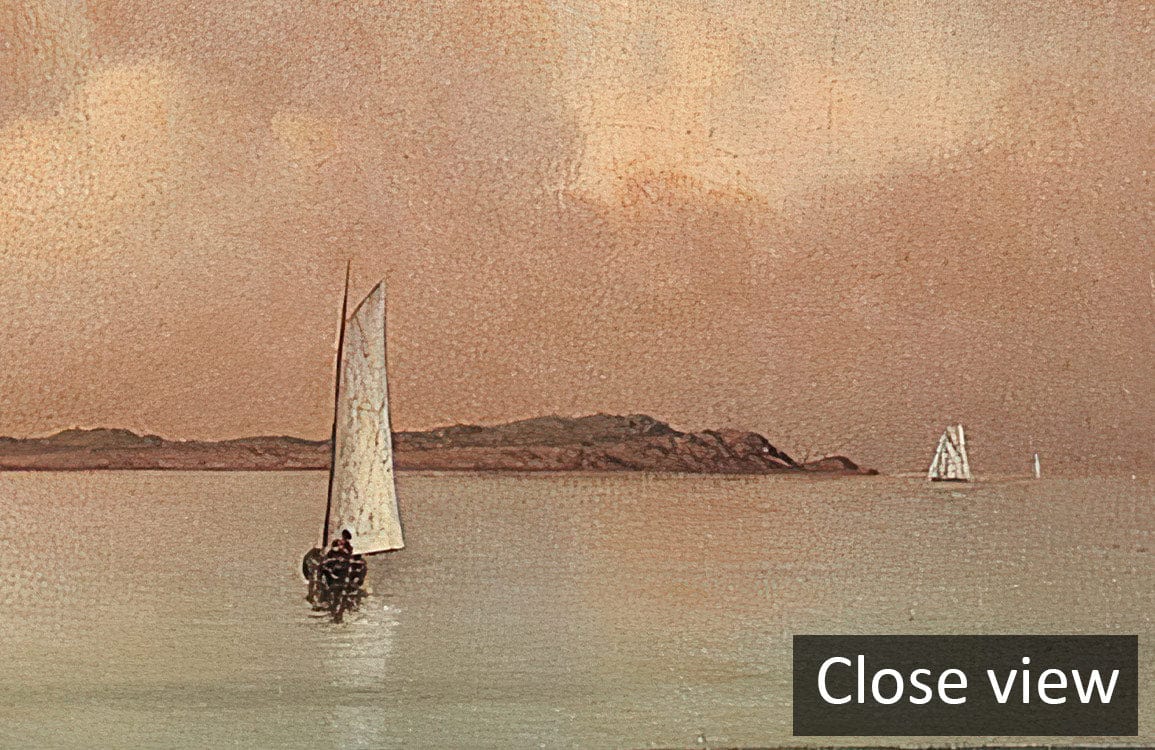 Tranquil coastal landscape mural with serene pastel hues, nautical charm on wall, featuring sailboats.