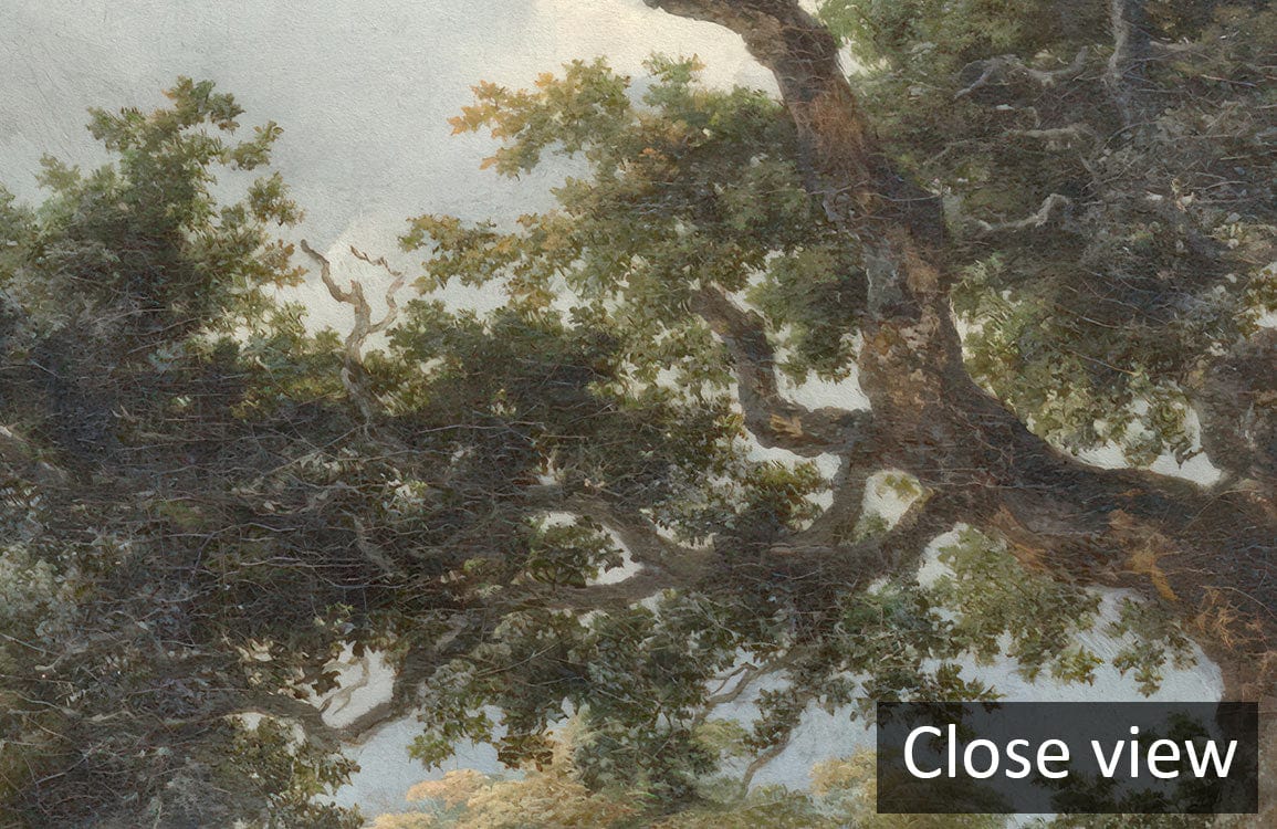 Close view of Tranquil Forest Stream Scenic Mural Wallpaper, showcasing detailed earthy tones and textures.