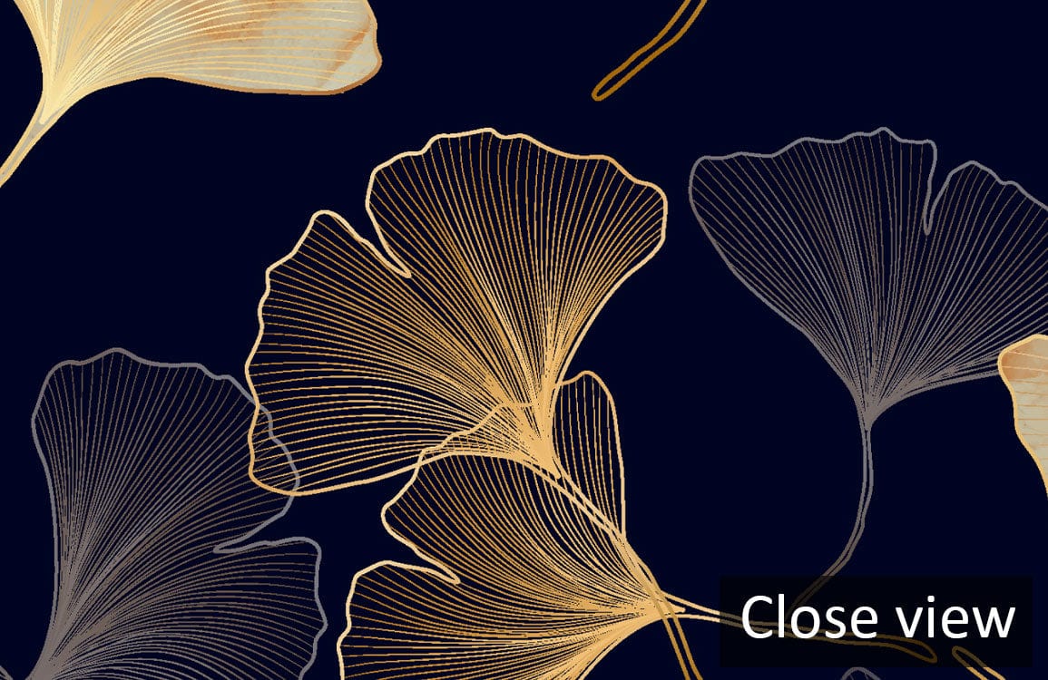Close view of elegant gold and navy ginkgo leaf pattern mural wallpaper design for stylish interiors.