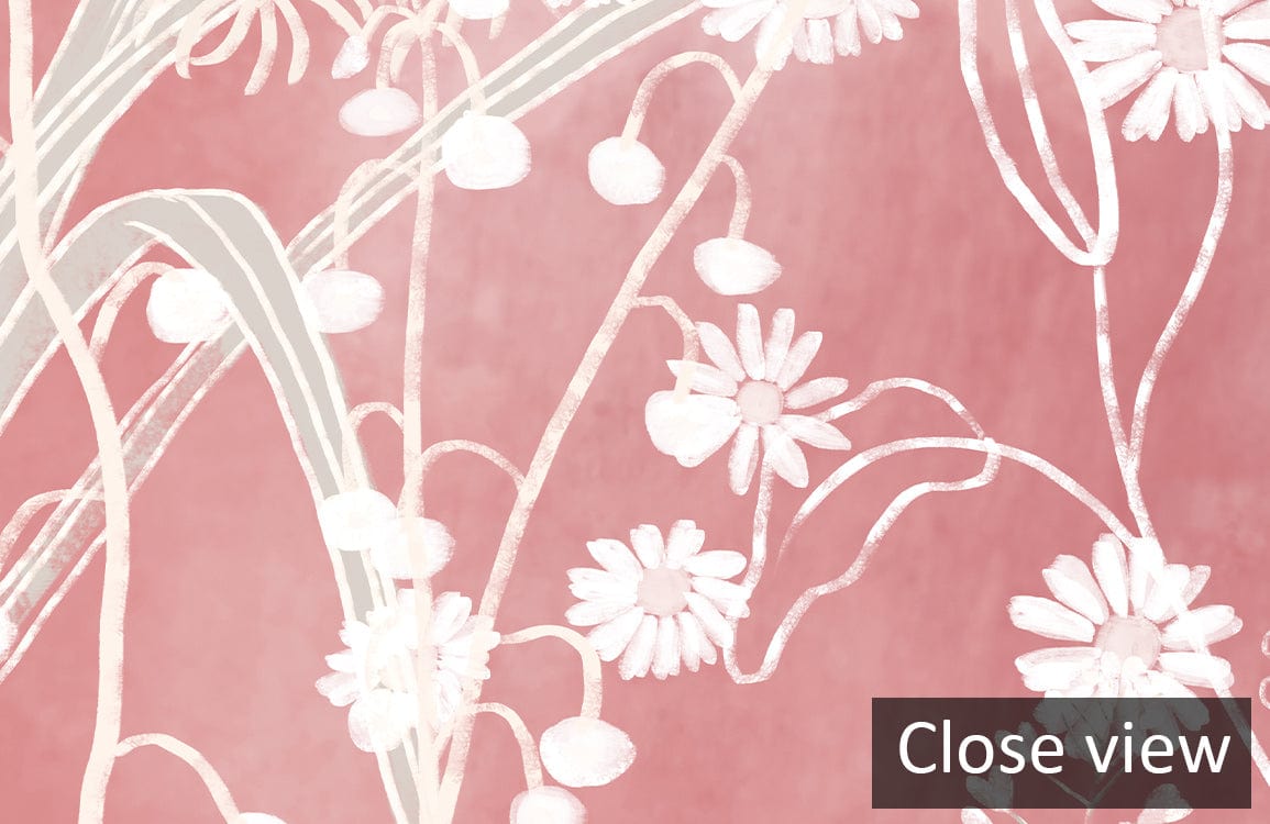 Close view of Rustic Blush Botanical Mural Wallpaper featuring delicate floral design and nature motif.