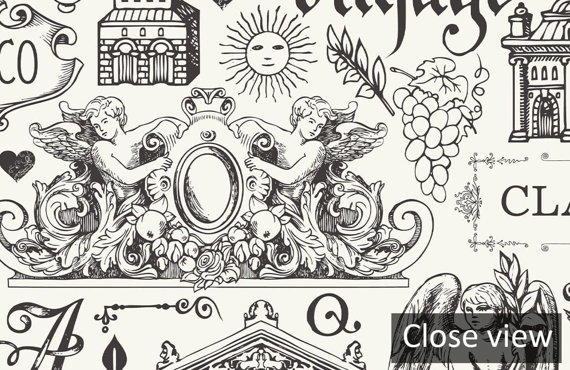 Vintage grey pattern wallpaper, intricate angels, sun motif, perfect for elegant interior walls, close-up view.