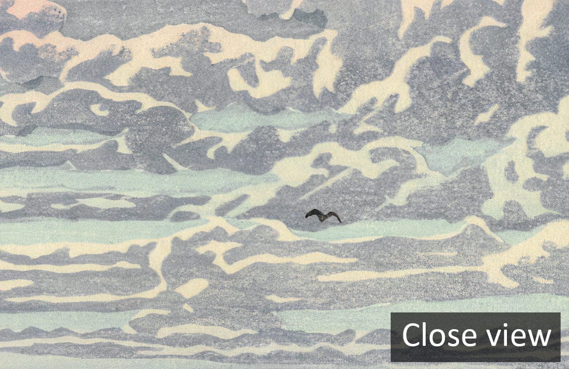 Close-up of Tranquil Mountain Landscape Wallpaper featuring serene pastel skies and a bird silhouette.
