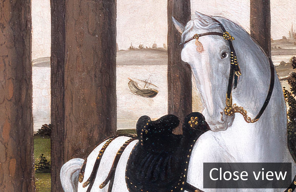 Enchanted Forest Mural Wallpaper: Majestic White Horse in Woodland, close-up detail view.