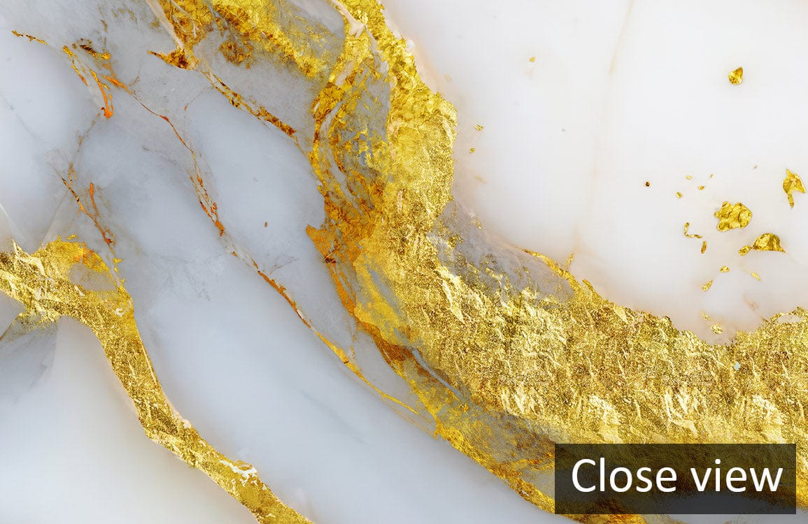 Luxurious gold-veined marble wallpaper, elegant white and grey design, close view, elegant decor enhancement.