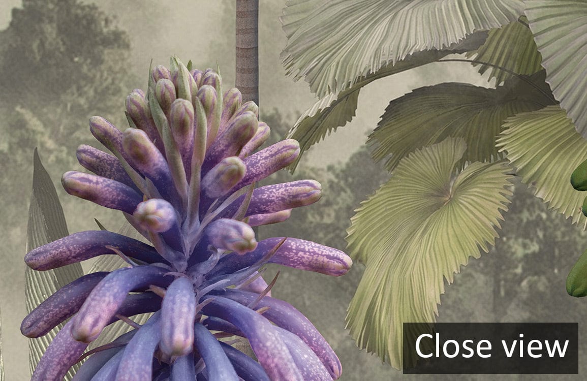 Close view of Exotic Tropical Jungle Mural Wallpaper showing lush greenery and detail in design.