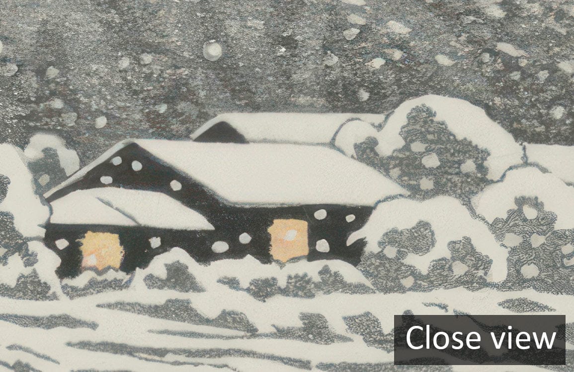 Close-up of Serene Snowy Mountain Landscape Mural Wallpaper in grey and blue tones, showcasing winter scene.