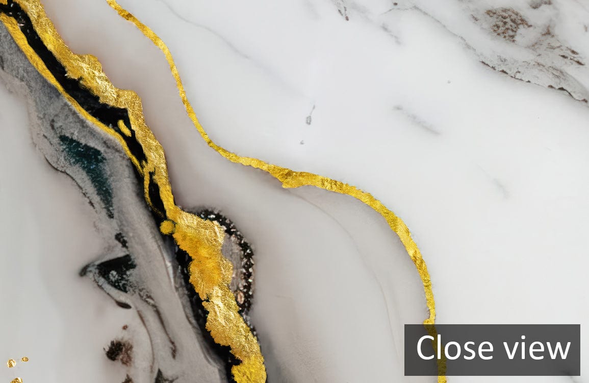 Close-up of luxury wallpaper featuring gold marble and elegant grey swirls design, ideal for sophisticated interiors.