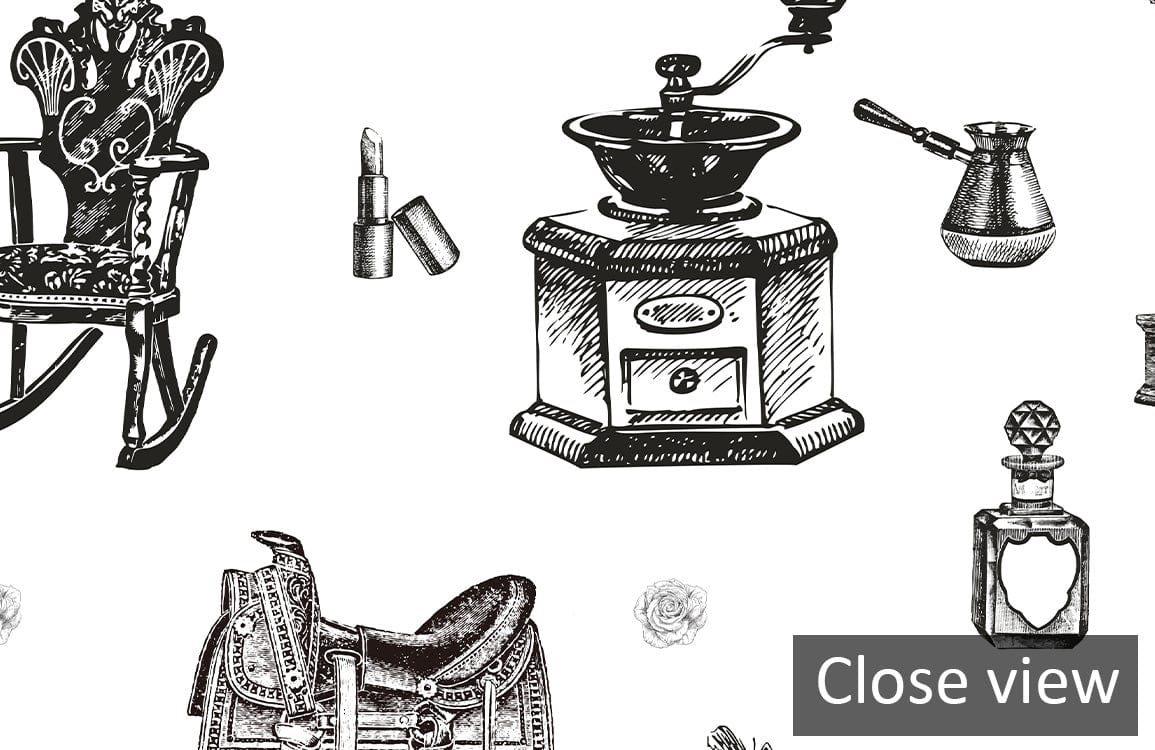 Close-up of Vintage Monochrome Toile Pattern Wallpaper, elegant antique black and white design elements.