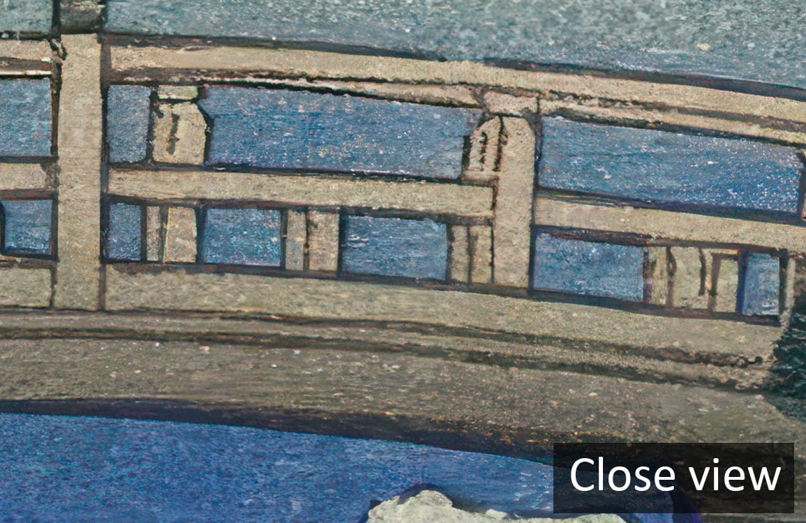 Japanese-style mural wallpaper detail featuring earthy tones, close-up view, bridge motif.