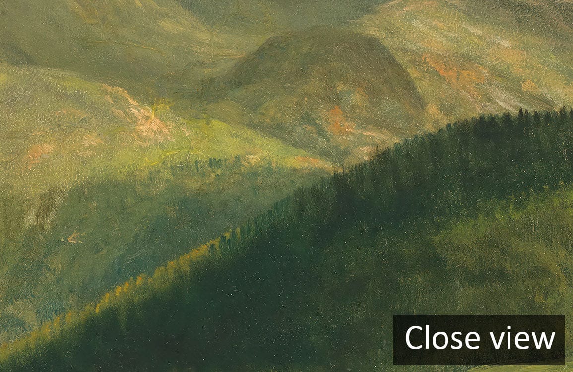 Close-up view of Serene Mountain Landscape Mural Wallpaper in verdant green, classic artistic style.