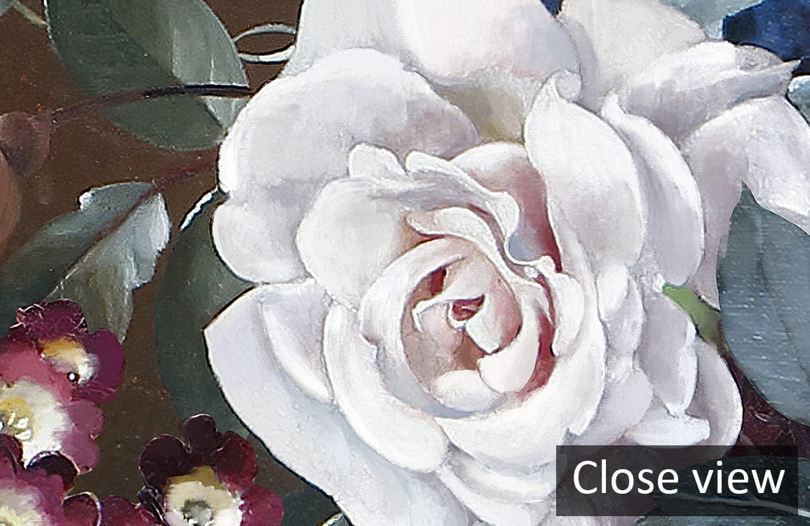 Close-up of Vintage Floral Bouquet Mural Wallpaper showcasing pastel and earthy tones with detailed petals.