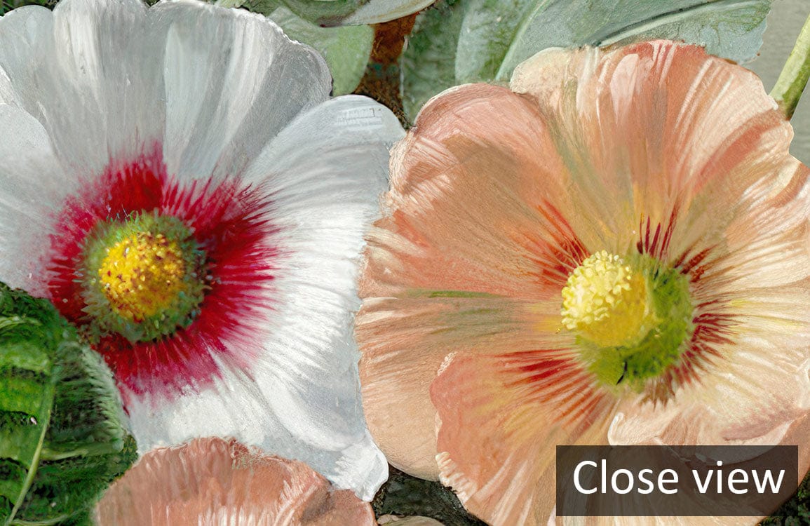 Elegant floral garden mural wallpaper with vintage watercolour flowers, close-up view in soft pastels.