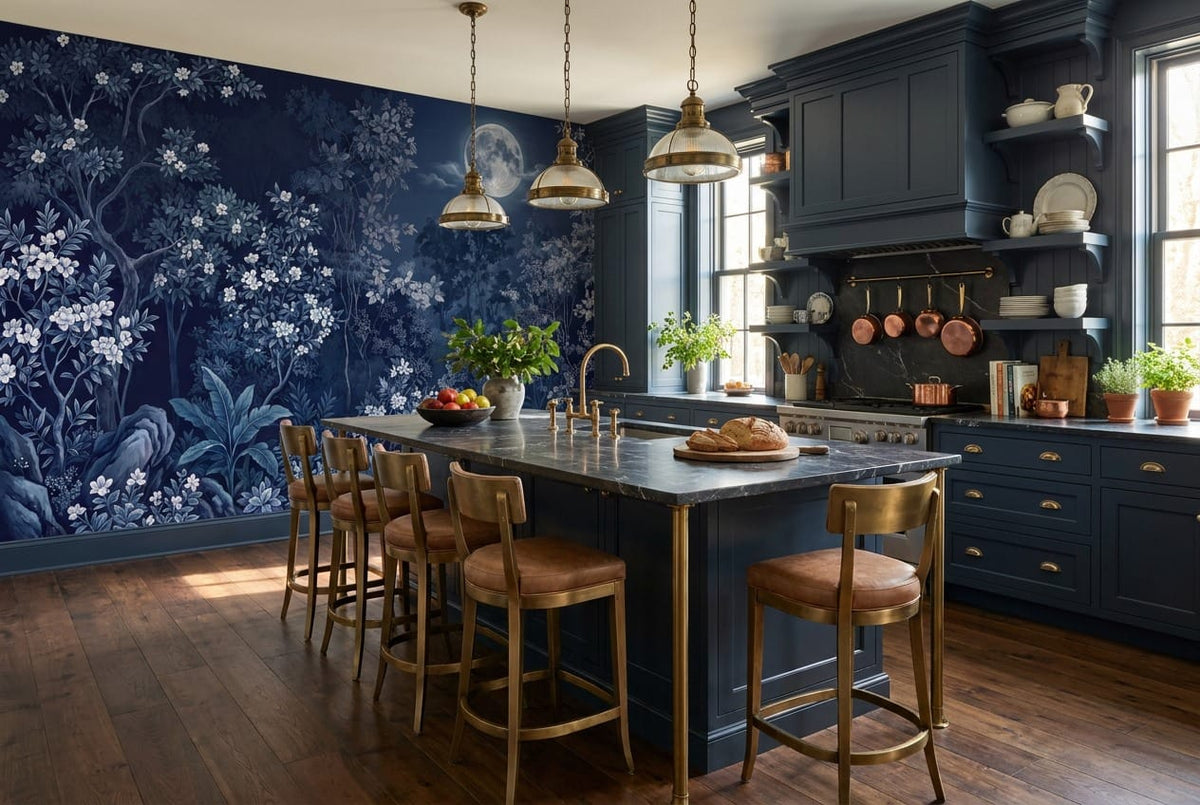 Glowing Ink Dark Nordic Night Forest Wallpaper Mural in cook