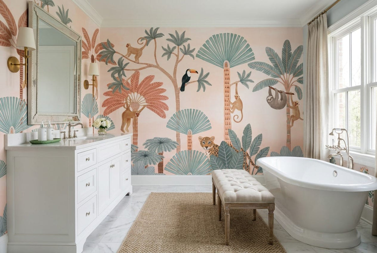 Coral Sloth Storybook Jungle Wallpaper Mural in coral