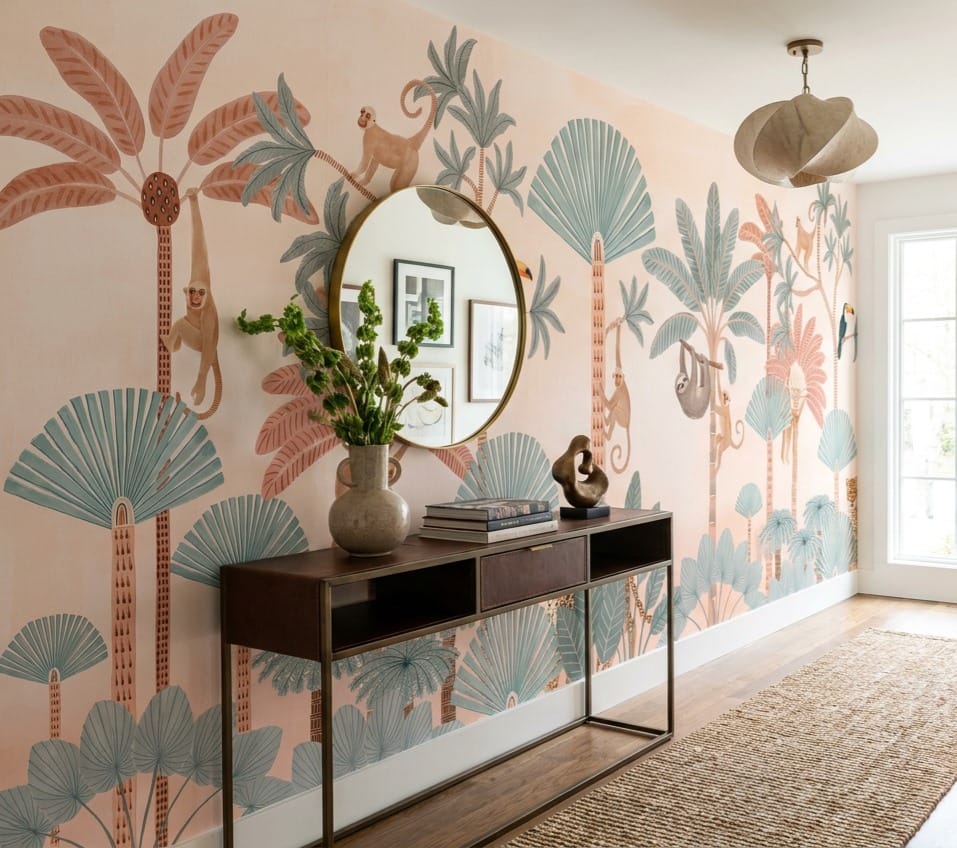 Coral Sloth Storybook Jungle Wallpaper Mural in coral