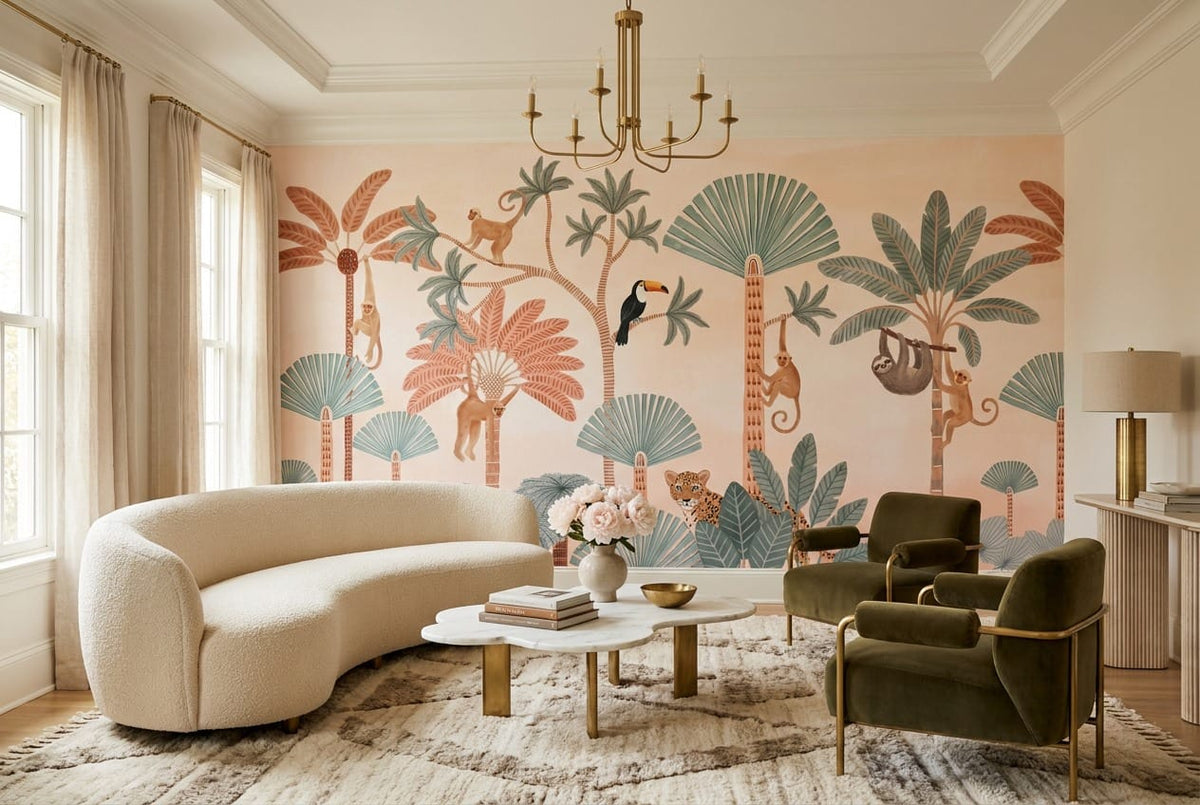 Coral Sloth Storybook Jungle Wallpaper Mural in coral