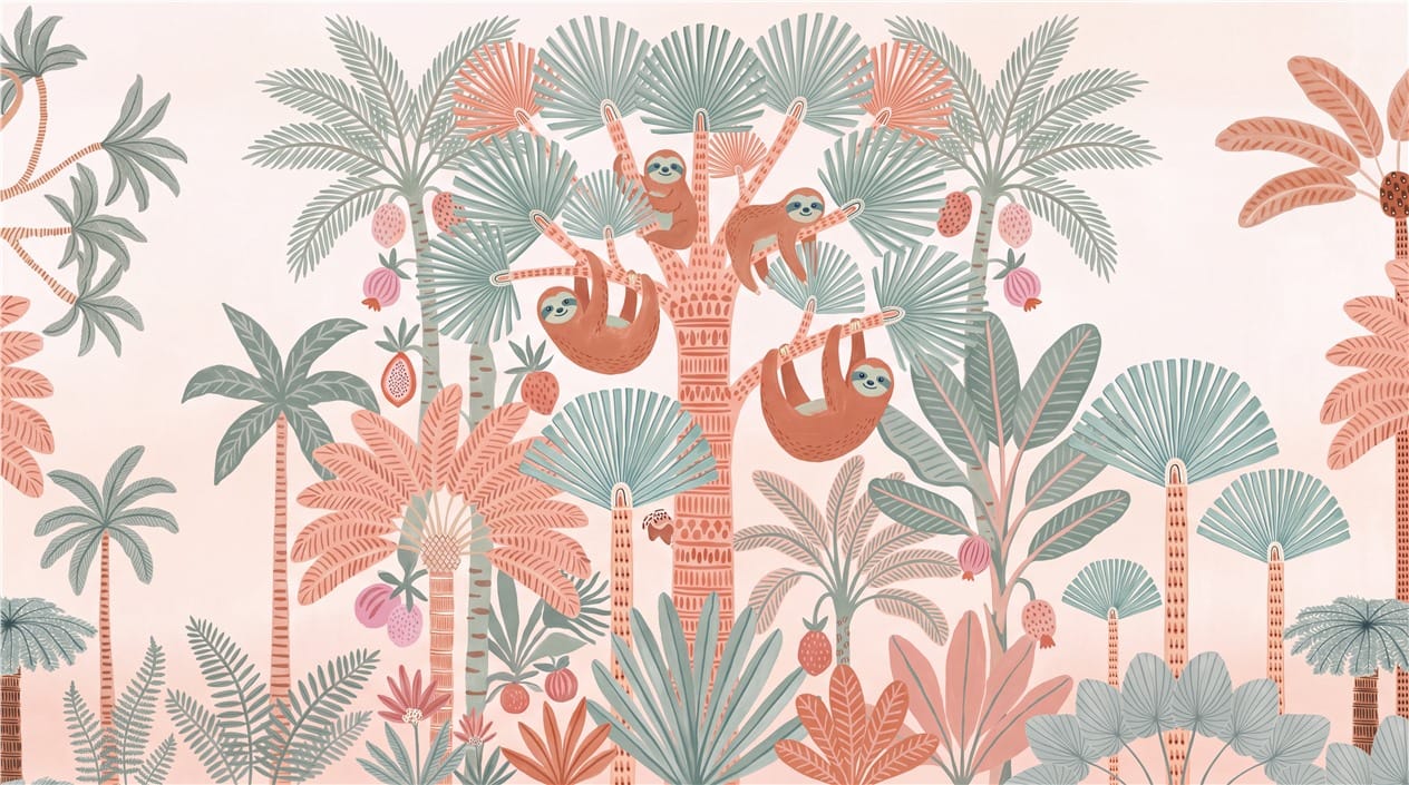 Coral Sloth Storybook Jungle Wallpaper Mural