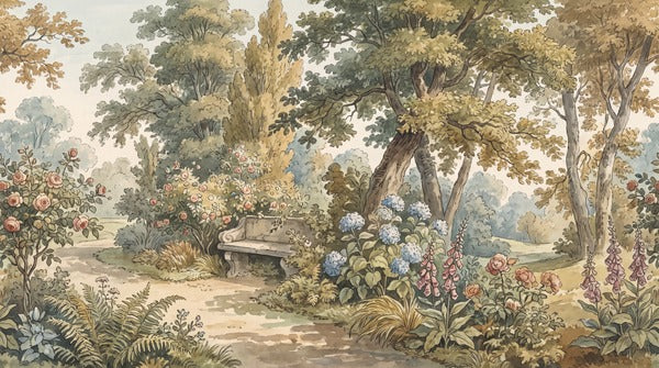 Olive Woodland Garden Bench Wallpaper Mural