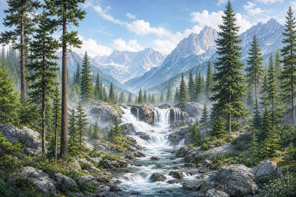Alpine Pine Waterfall Mountain Wallpaper Mural in custom