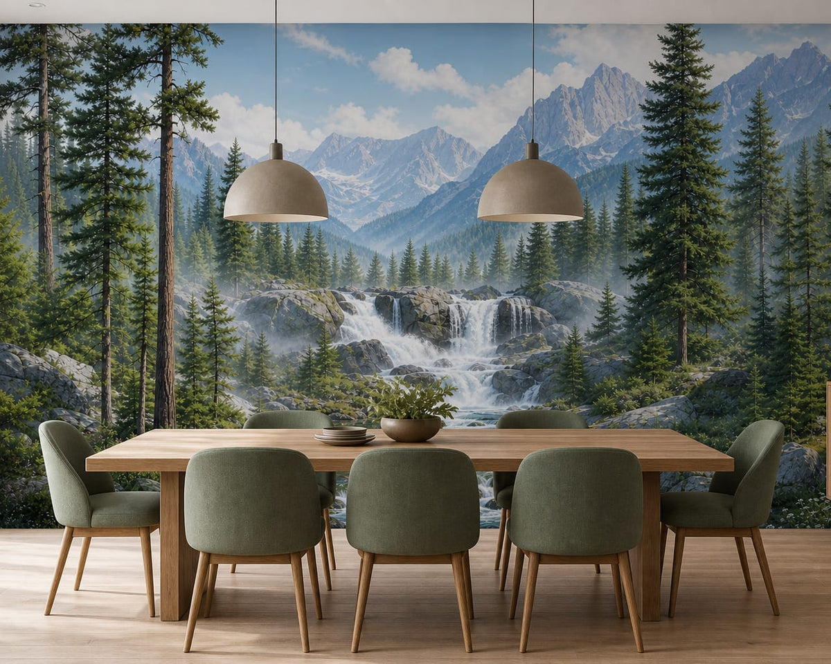 Alpine Pine Waterfall Mountain Wallpaper Mural in custom
